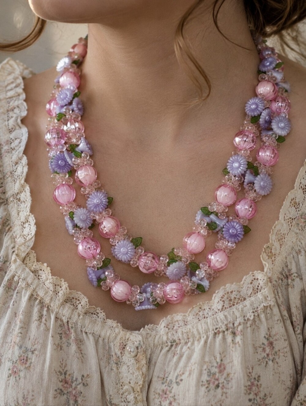 Vintage Plastic Flower Floral Leaves Tutti Fruity Pink Necklace Signed Hong Kong